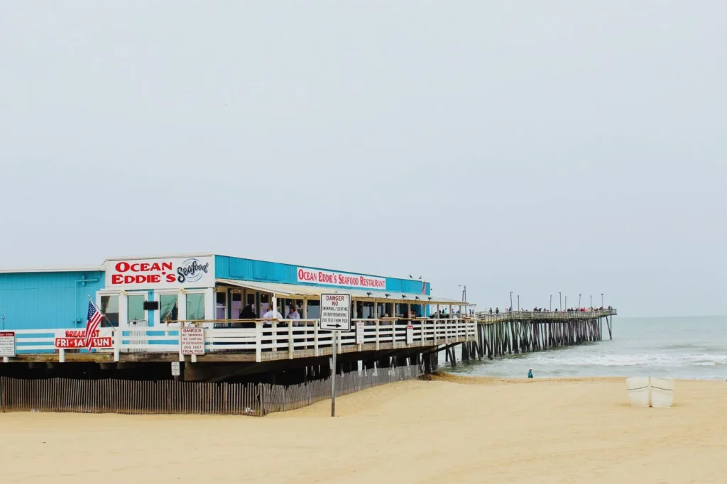 Virginia Beach oceanfront fishing pier and beach on a quiet day